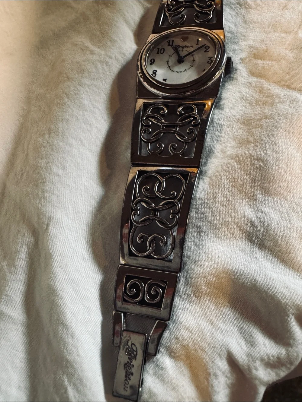 Vintage, Retired, Brighton Silver Filigree Bracelet Watch w/ White Dial Like New